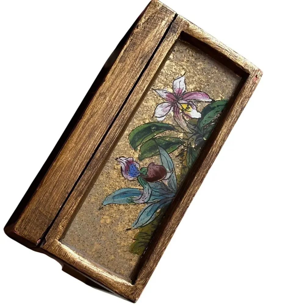 Vintage trinket box hinged lid wood hand painted floral glass & golden finish